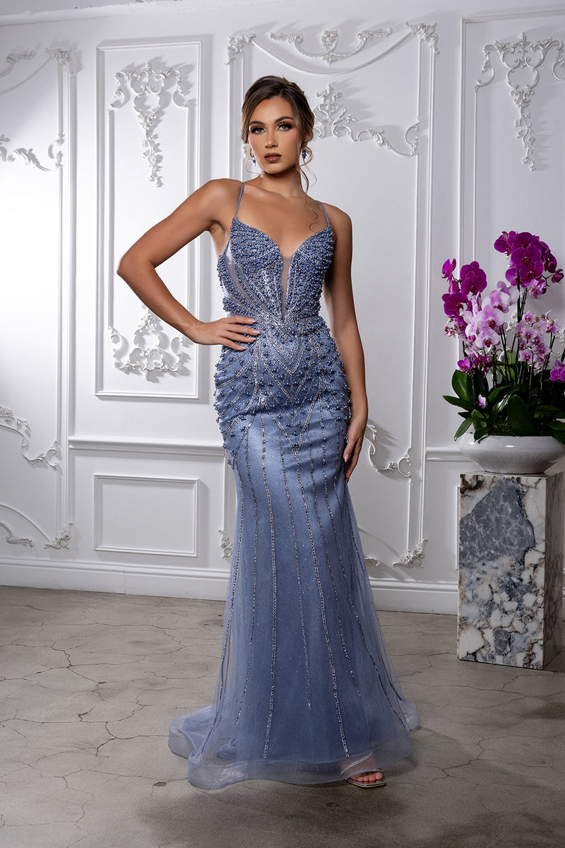 Embellished Mermaid Gown with Deep V-Neck & Lace-Up Back by Royal Queen RQ8212