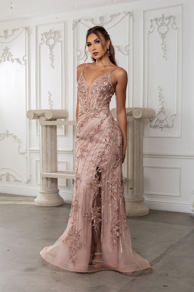 Mermaid Evening Gown Sparkling Dress with Illusion V-Neck Lace Up Back by Royal Queen RQ8213