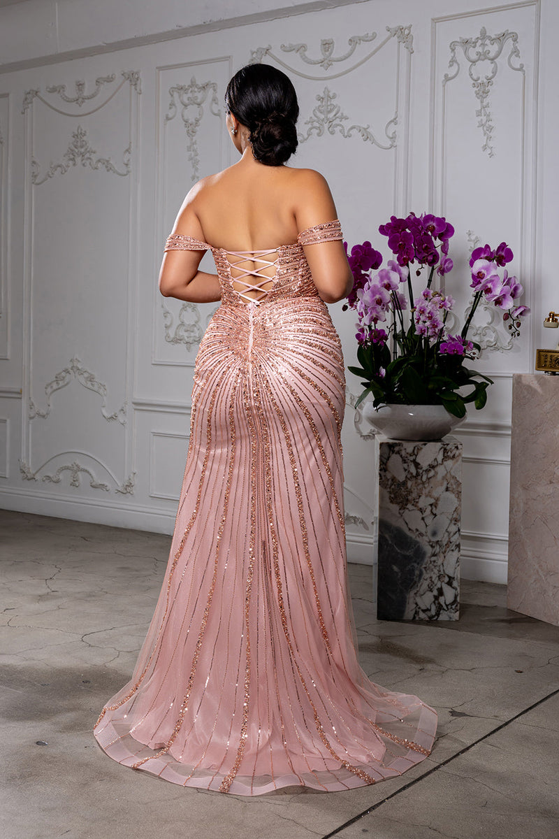 Off The Shoulder Sequin Mermaid Formal Gown with Lace Up Back by Royal Queen RQ8214