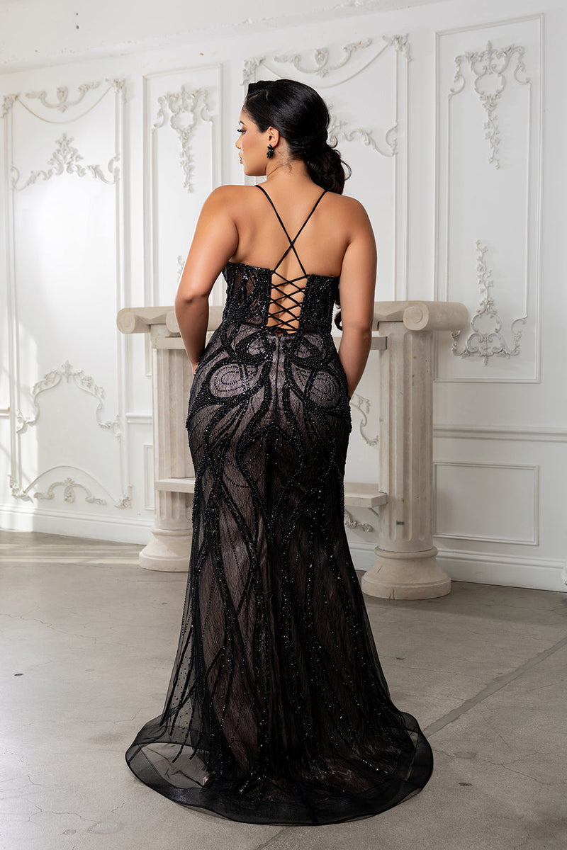Beaded Mermaid Prom Dress with Sheer Corset Bodice & Lace-Up Back by Royal Queen RQ8221