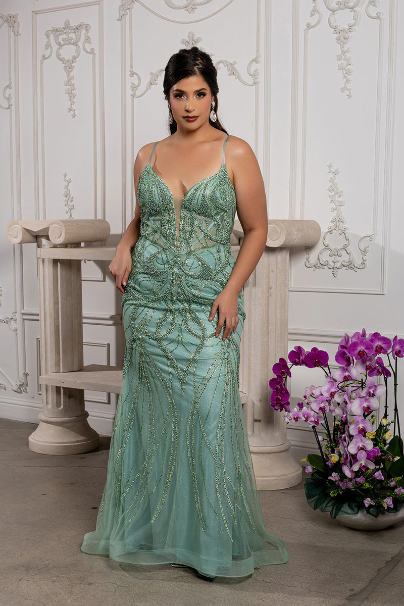 Beaded Mermaid Prom Dress with Sheer Corset Bodice & Lace-Up Back by Royal Queen RQ8221