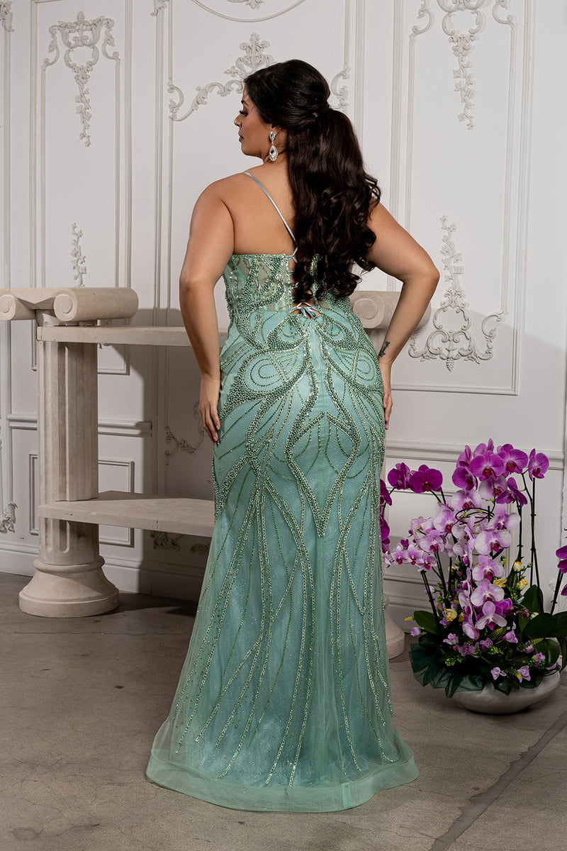 Beaded Mermaid Prom Dress with Sheer Corset Bodice & Lace-Up Back by Royal Queen RQ8221