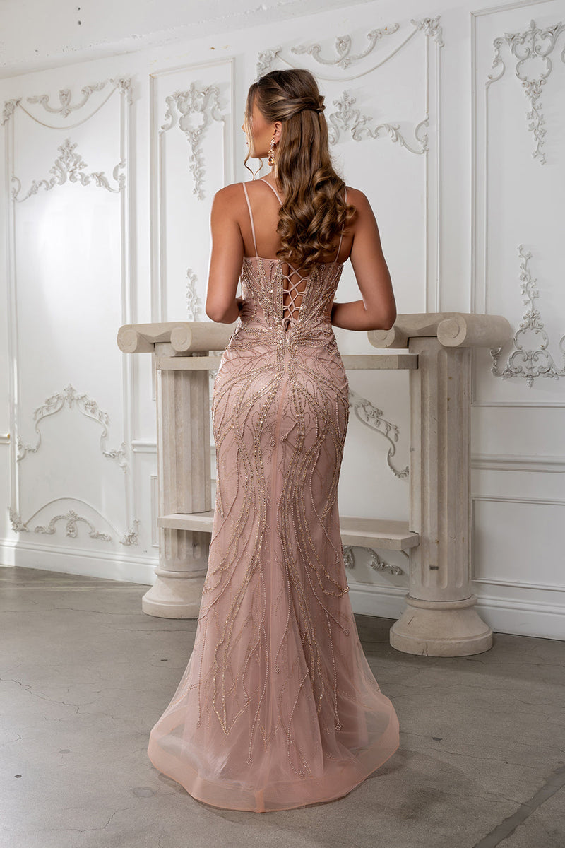 Beaded Mesh Mermaid Prom Dress with Double Spaghetti Straps & Lace-Up Back by Royal Queen RQ8222