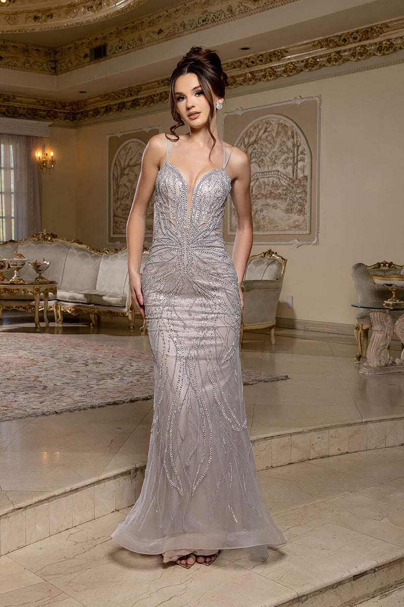 Beaded Mesh Mermaid Prom Dress with Double Spaghetti Straps & Lace-Up Back by Royal Queen RQ8222