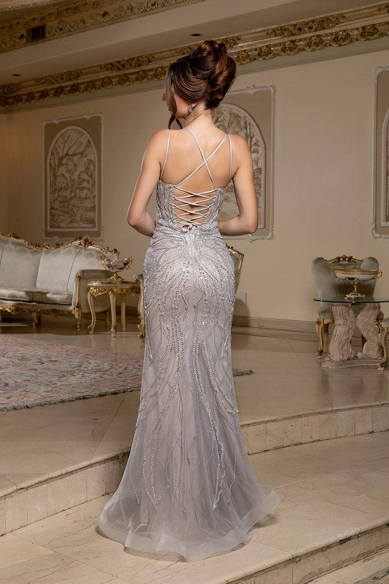 Beaded Mesh Mermaid Prom Dress with Double Spaghetti Straps & Lace-Up Back by Royal Queen RQ8222