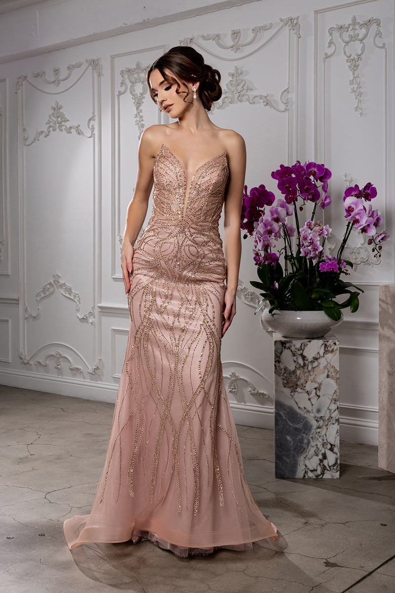 Beaded Mermaid Evening Prom Gown Lace-Up Back Illusion Mesh Bodice by Royal Queen RQ8223