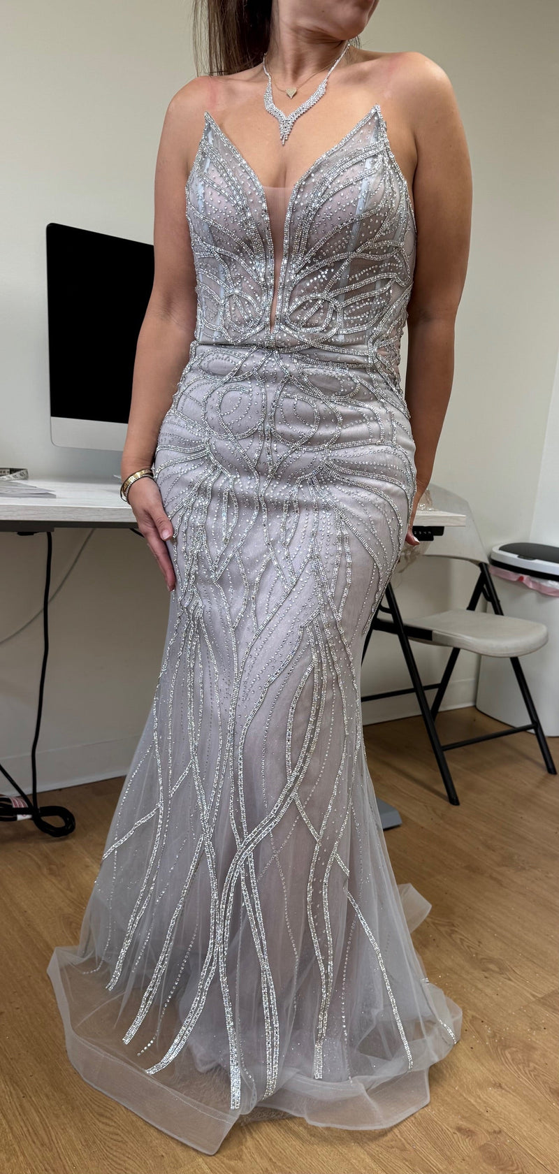 Beaded Mermaid Evening Prom Gown Lace-Up Back Illusion Mesh Bodice by Royal Queen RQ8223