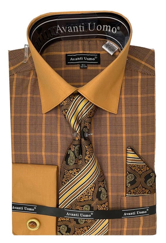 Mens Tonal Check Print Contrast Collar French Cuff Dress Shirt Set In Rust | Alberto Nardoni Mens Tonal Check Print Contrast Collar French Cuff Dress Shirt Set In Rust | Alberto Nardoni