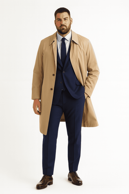 Mens Beige Trench Coat – Classic Long Overcoat with Button Front - Raincoat in Khaki Color