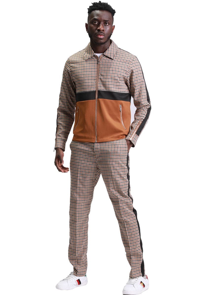 Houndstooth Men's Casual Walking Suit Jacket & Pant Set in Coffee Brown