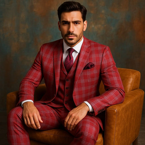 Men's red plaid three-piece suit. Bold checkered pattern, vest, and matching pants. Textured material, structured fit.
