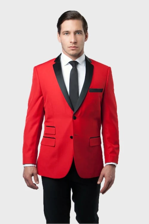Red, single-breasted suit with black lapels & pocket accents. Features a slim fit, paired with a black tie. Structured design.