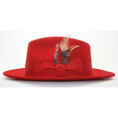 Men's red felt fedora hat with a wide brim and cylindrical crown. Features a decorative bow with feathers attached.