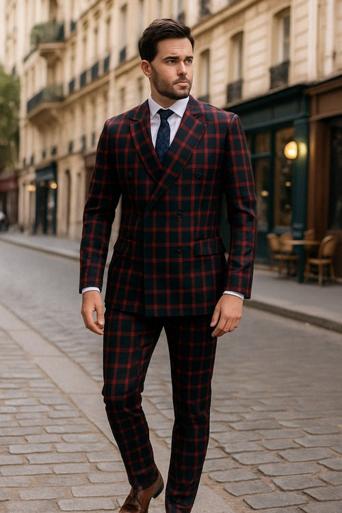 Mens Red and Black Plaid Double-Breasted Suit – Slim Fit Checkered 2 Piece Formal Business Outfit