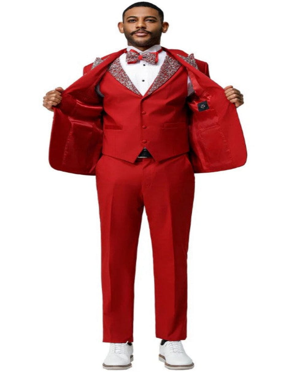 Red and Silver Prom Tuxedo - Perfect Wedding Suit Vested rhinestone Lapelled