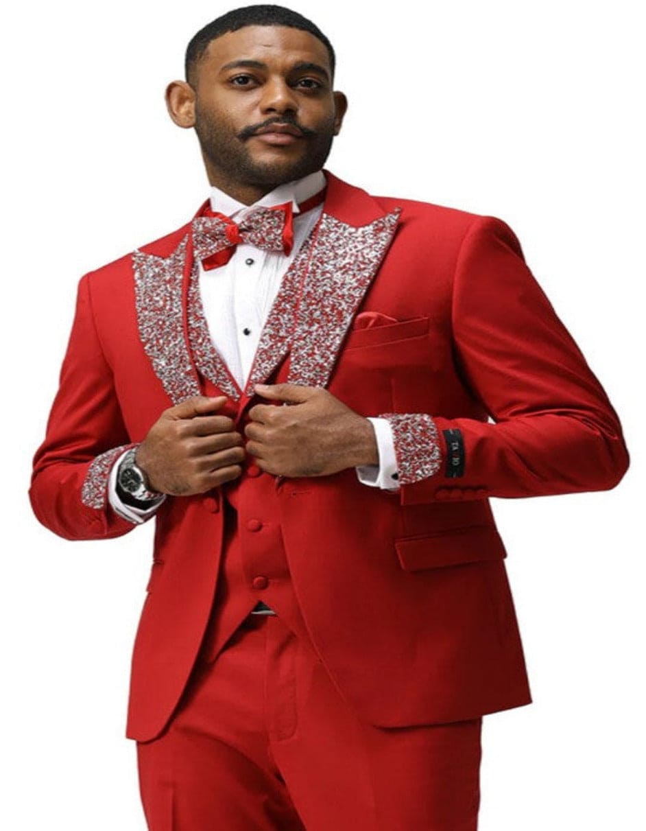 Red and Silver Prom Tuxedo - Perfect Wedding Suit Vested rhinestone Lapelled