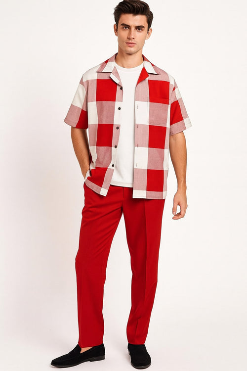 Mens Red and White Checkered Short Sleeve Shirt Set – Casual Two-Piece Summer Outfit