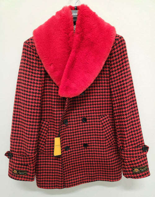Red and black houndstooth overcoat with faux fur shawl collar. Double-breasted, six buttons, buttoned cuffs. Houndstooth pattern, tailored fit, ample shoulder room. Small sleeve tag.