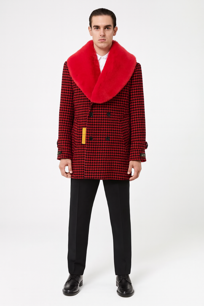 Men's red & black houndstooth overcoat with faux fur shawl collar. Double-breasted, straight cut. Houndstooth pattern, button cuffs. Bold red & black contrast.