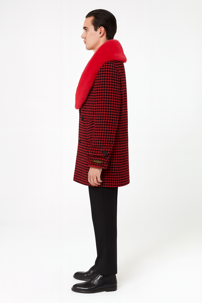 Men's overcoat with red/black houndstooth and faux fur shawl collar. Tailored fit, straight silhouette, double-breasted front. Stylish and warm.