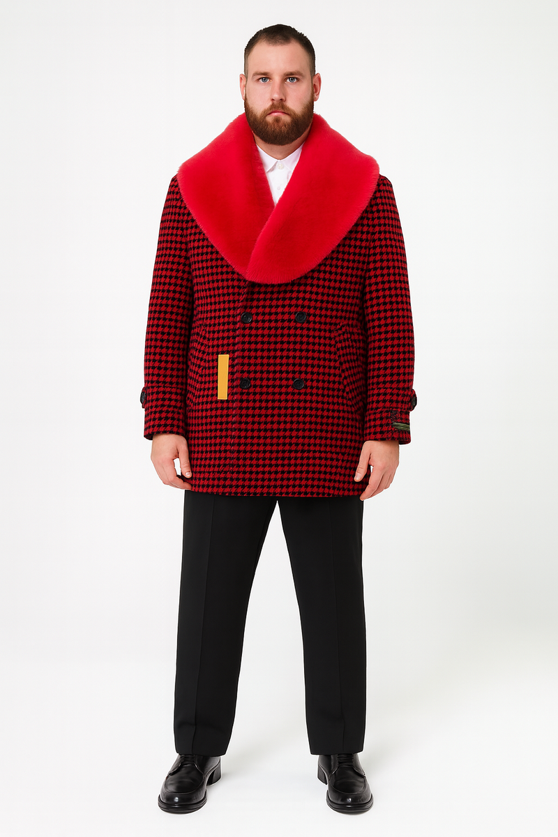 Men's houndstooth overcoat with faux fur shawl collar. Red and black pattern, double-breasted with two buttons, side pockets.