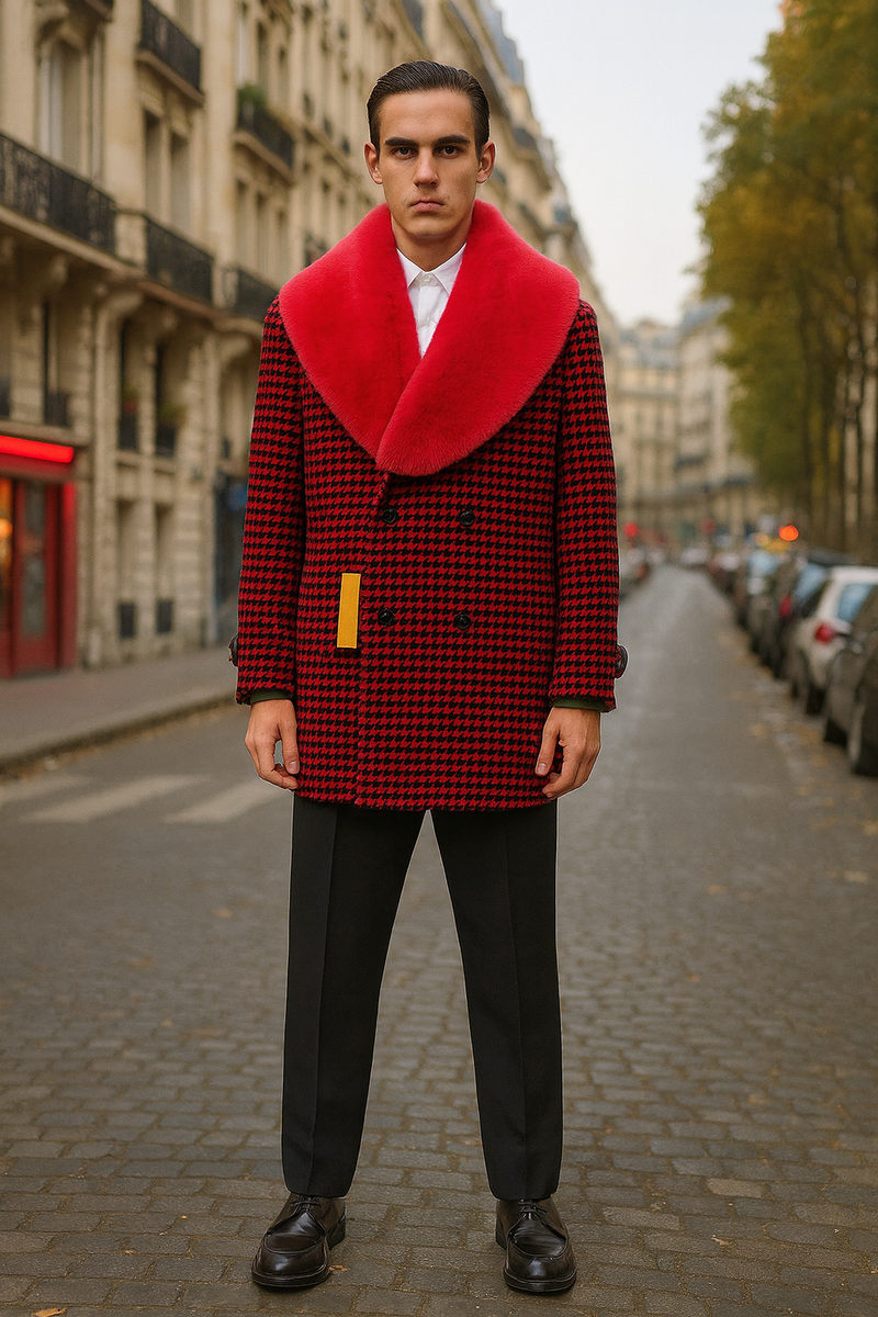 Red and black houndstooth overcoat with faux fur shawl collar. Double-breasted, with a red/black color scheme and a small yellow accent. Textured fabric.
