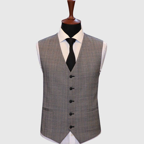 Gray plaid vest made by Alberto Nardoni with five front buttons and two lower pockets. The vest has a tailored fit, designed to be worn over a white dress shirt and is paired with a black tie. The fabric appears textured, showcasing a pattern of fine lines.