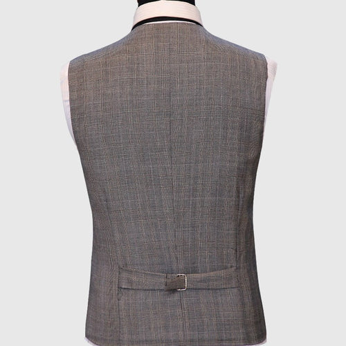 Gray plaid vest made of a textured fabric, featuring a slim fit design. The back displays an adjustable strap with a buckle for sizing. The vest has no armholes and is structured to fit closely to the body.