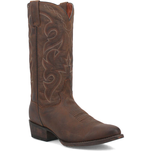 Dan Post Renegade Bay Apache cowboy boots: dark brown leather with wear, tall shaft with intricate stitching, round toe, and low stacked heel.
