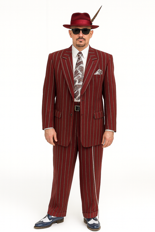 Burgundy Pinstripe Zoot Suit – 3 Piece 1920s/1930s Gangster Outfit (Jacket and Pants and Vest) Vintage Fashion