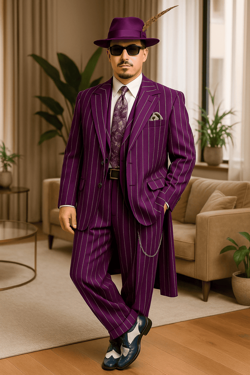 Purple pinstripe zoot suit: jacket, pants, vest. Bold vertical stripes, tailored fit, smooth fabric. Includes pocket square & chain. Accessories: fedora, sunglasses. Shoes: two-toned black/white.