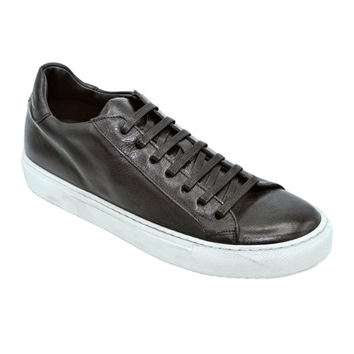 Black Ricardo Nappa leather dress sneaker. Low-top, smooth finish, rounded toe, white rubber outsole. Flat laces, subtle stitching, minimalistic design. No patterns or embellishments.