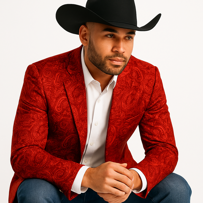 Mens Notch Lapel Paisley Blazer Red