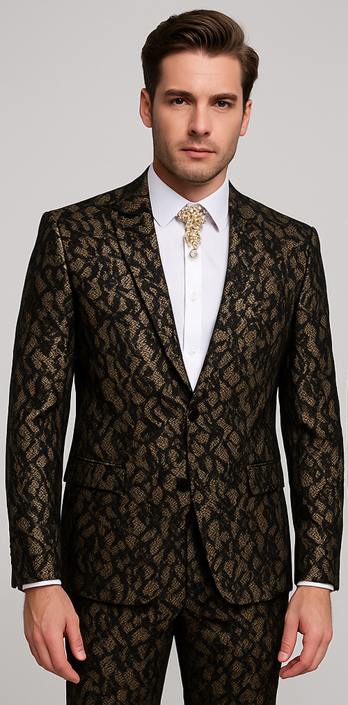 Rossi Man LEO RM1901 – Gold & Black Designer Tuxedo for Men | Slim Fit
