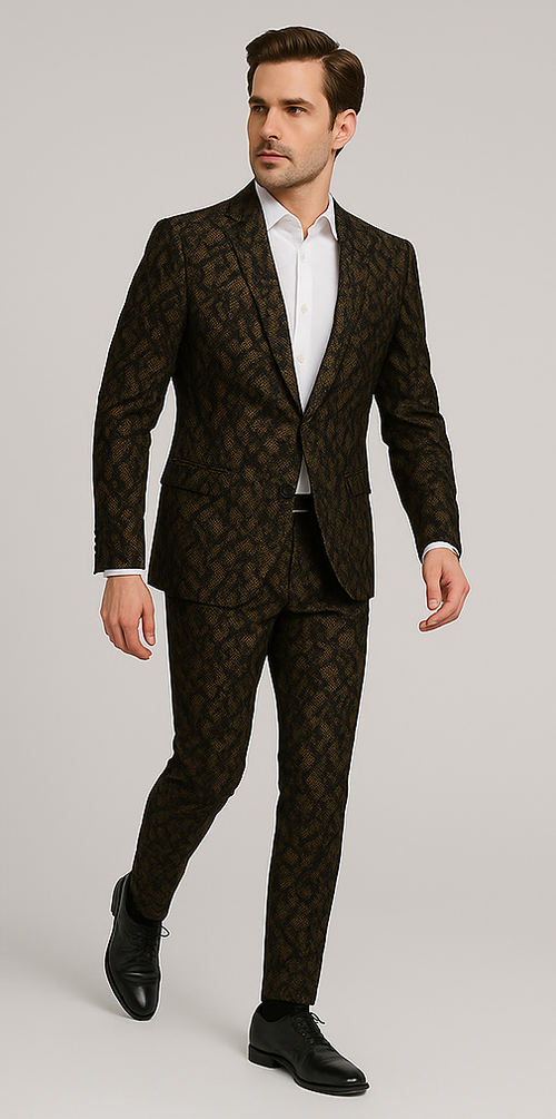 Rossi Man LEO RM1901 – Gold & Black Designer Tuxedo for Men | Slim Fit