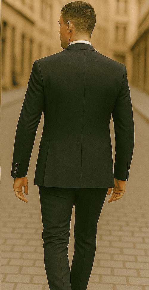 Rossiman Black Suit for Men – Classic 1-Button Peak Lapel Jacket & Double-Breasted Vest