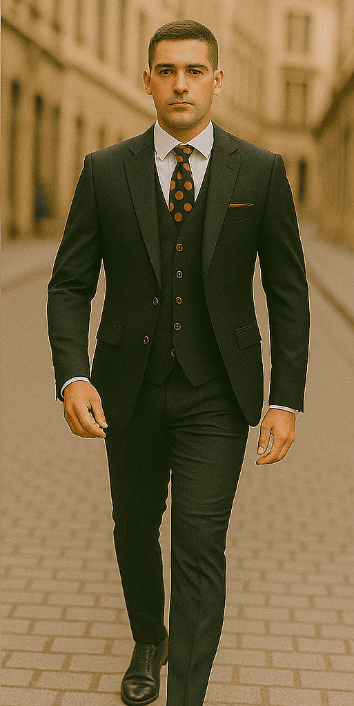 Rossiman Black Suit for Men – Classic 1-Button Peak Lapel Jacket & Double-Breasted Vest