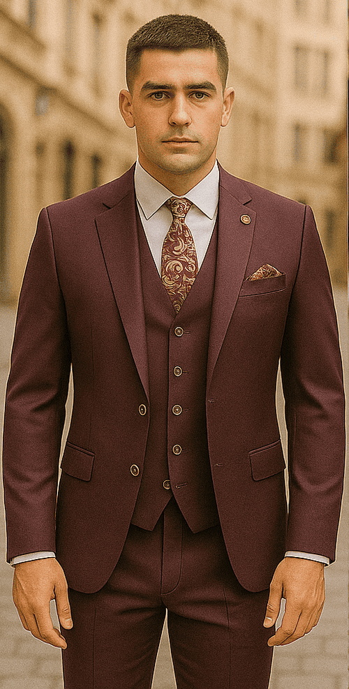 Rossiman Burgundy Suit for Men – Peak Lapel 1-Button Jacket & Double-Breasted Vest