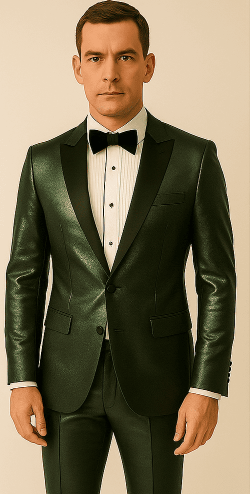 Rossiman Men’s Green Sateen Suit – Glossy Finish with Modern Flair