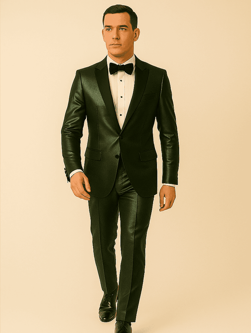 Rossiman Men’s Green Sateen Suit – Glossy Finish with Modern Flair