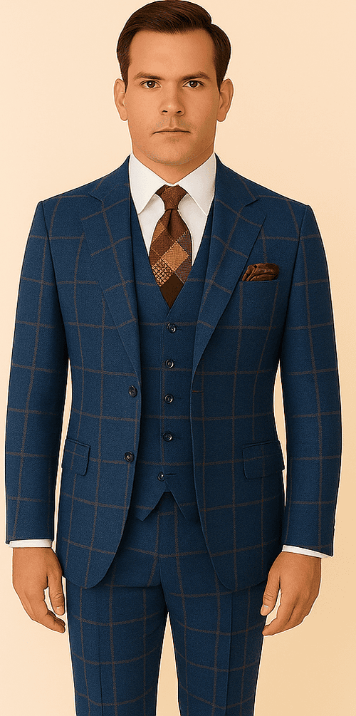 Rossiman Mens Navy & Gray Plaid Suit - Classic Windowpane Double-Breasted Design