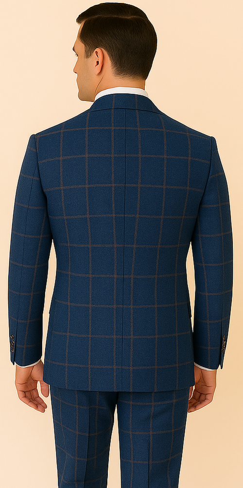 Rossiman Mens Navy & Gray Plaid Suit - Classic Windowpane Double-Breasted Design