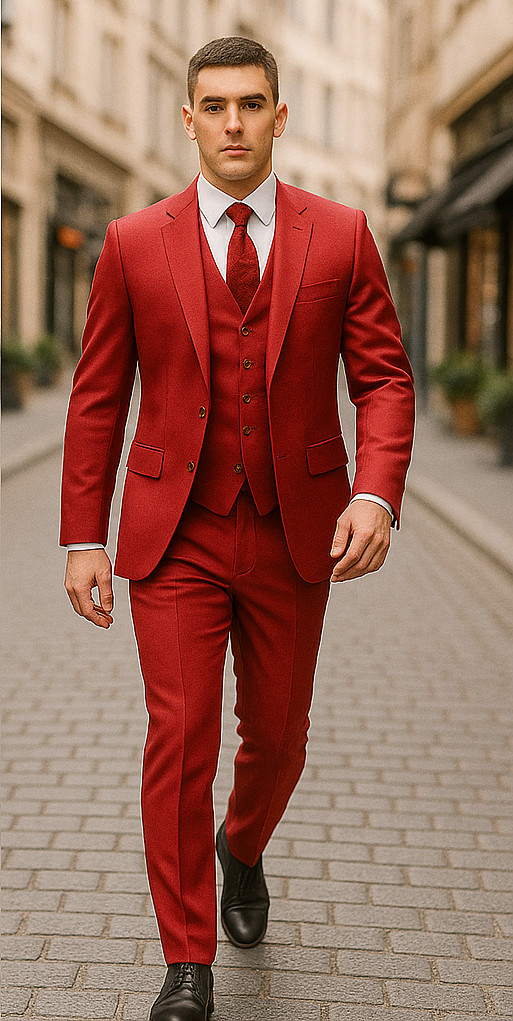 Rossiman Men's Red Suit – Stylish 1-Button Peak Lapel Jacket & Double-Breasted Vest