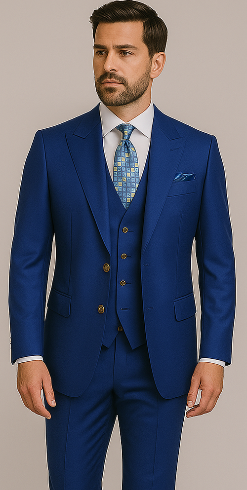 Rossiman Men’s Royal Blue Slim Fit Suit – Sophisticated Double-Breasted Design