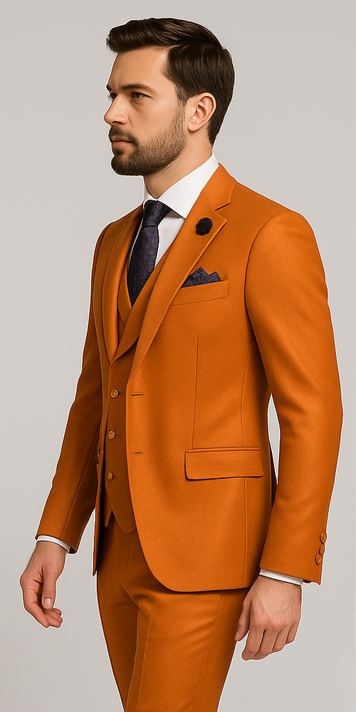 Rossiman Men's Rust Slim Fit Suit – 3-Piece Set with Double-Breasted Vest & Flat Front Pants