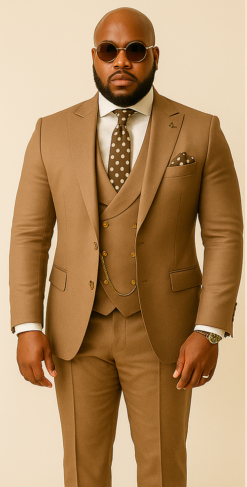 Rossiman Men’s Tan Suit – Gold Buttons & Double-Breasted Vest Elegance