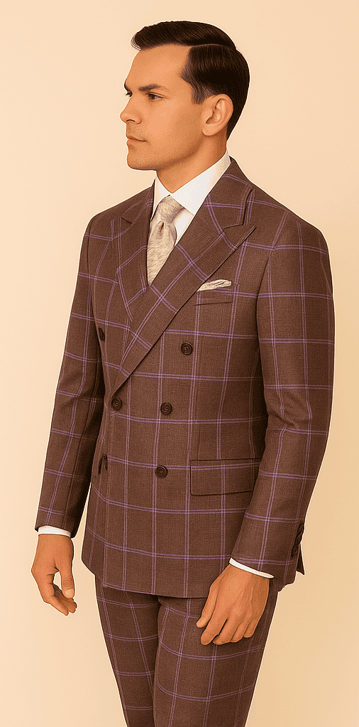 Rossiman Plaid Suit – Gray & Lavender Textured Windowpane Double-Breasted Suit