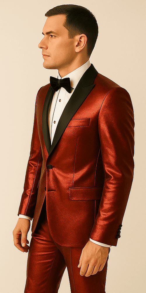 Rossiman Men’s Red Sateen Suit – Glossy Finish Bold Formalwear