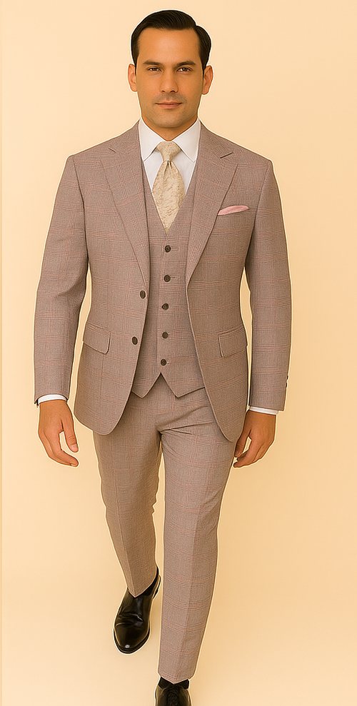 Rossiman Sharkskin Gray Plaid Suit – Double-Breasted Windowpane Suit for Men