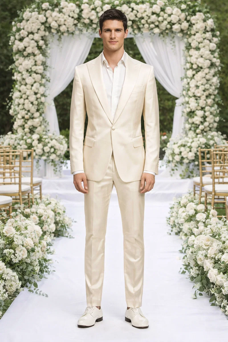Rossiman Men’s Cream Sateen Suit – Elegant Glossy Formalwear